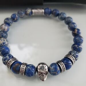 Skeketon HD Blue Beaded Bracelet with Silver Skull Accent